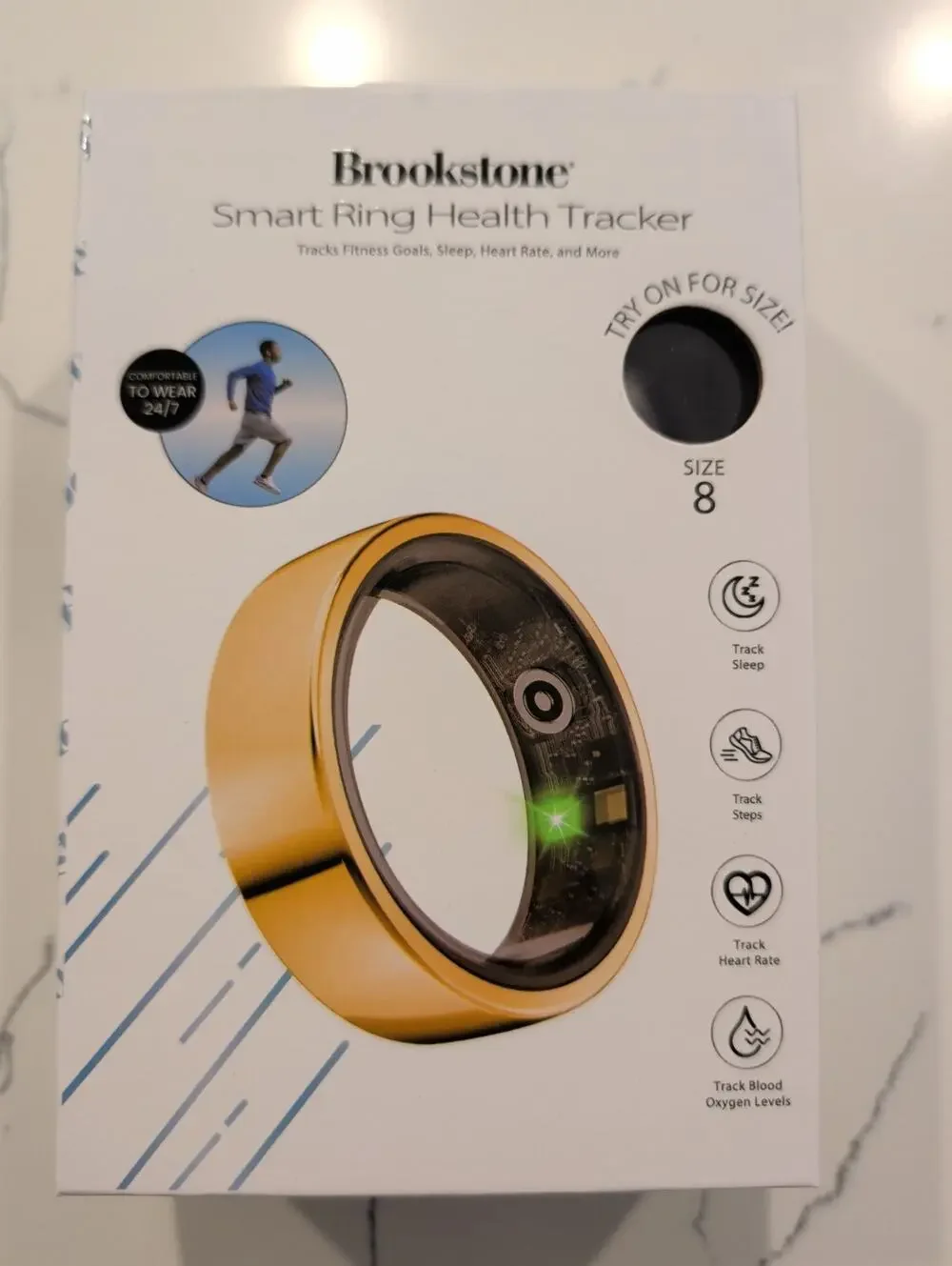 Brookstone Smart Ring Health Tracker Size 8 – Sleep & Heart Rate Fitness - Gold